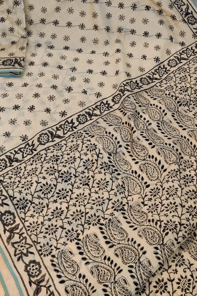 Chanderi Charisma - Cream and Black Hand Embroidery Chanderi Saree - Image 5