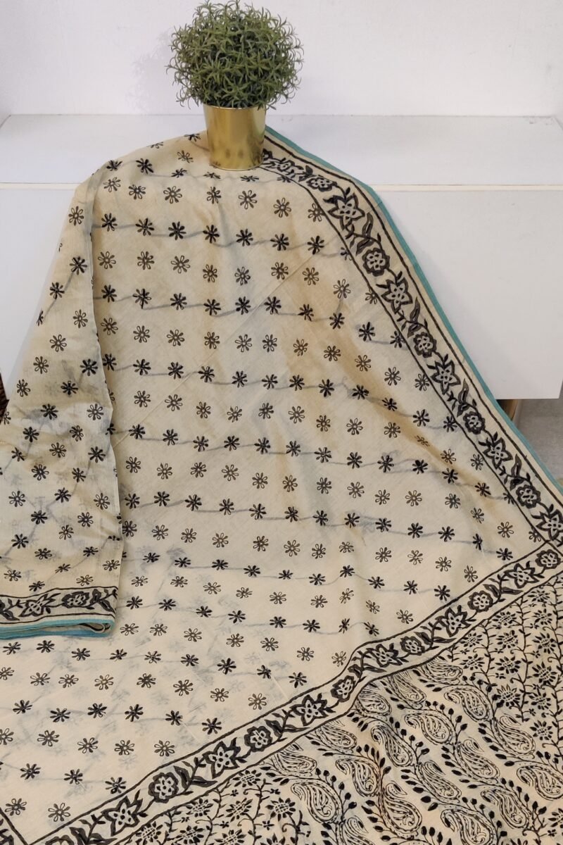 Chanderi Charisma - Cream and Black Hand Embroidery Chanderi Saree