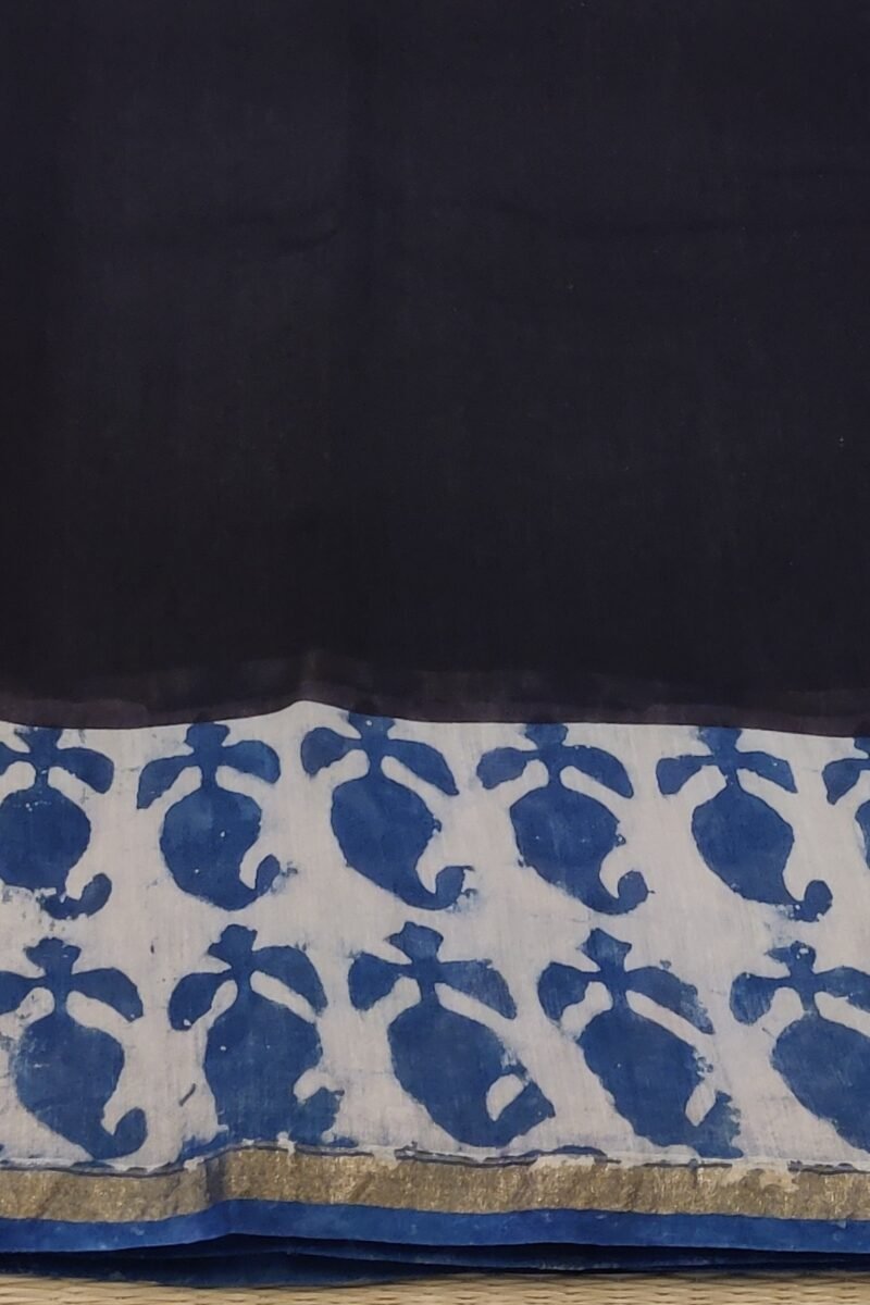 Chanderi Charisma - Black and Blue Handblock Print Chanderi Saree - Image 2