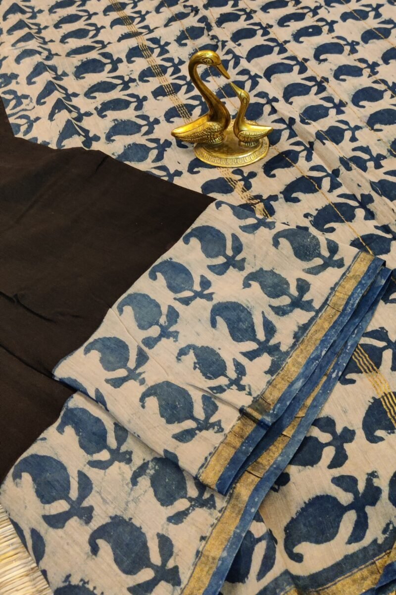 Chanderi Charisma - Black and Blue Handblock Print Chanderi Saree - Image 3