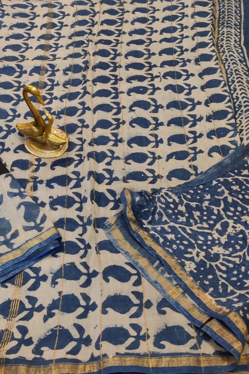 Chanderi Charisma - Black and Blue Handblock Print Chanderi Saree - Image 4