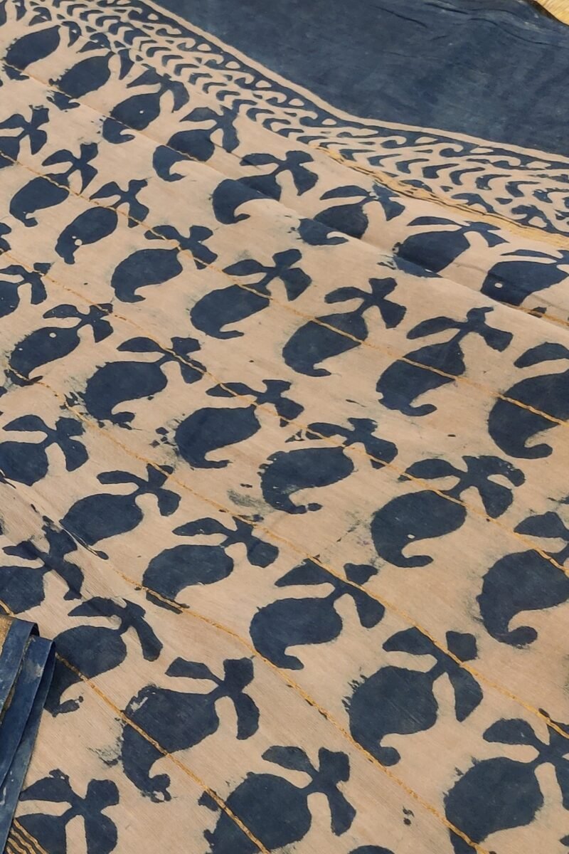 Chanderi Charisma - Black and Blue Handblock Print Chanderi Saree - Image 5