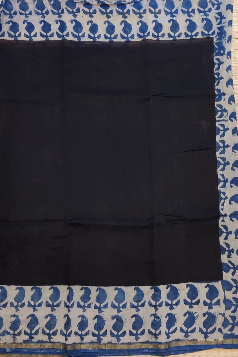 Chanderi Charisma - Black and Blue Handblock Print Chanderi Saree - Image 6