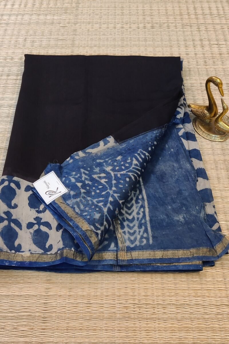 Chanderi Charisma - Black and Blue Handblock Print Chanderi Saree