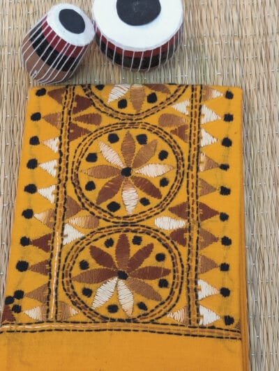 Orange Cotton Blouse Piece with Brown Kantha Vertical Sleeve Pattern and Back Border