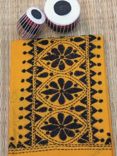 Orange Cotton Blouse Piece with Black Kantha Vertical Sleeve Pattern and Back Border