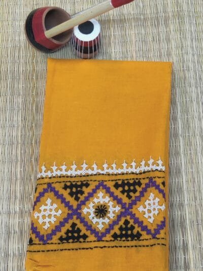 Orange Cotton Blouse Piece with Black Purple White Kutch Embroidery Horizontal Sleeve Pattern and Back Border