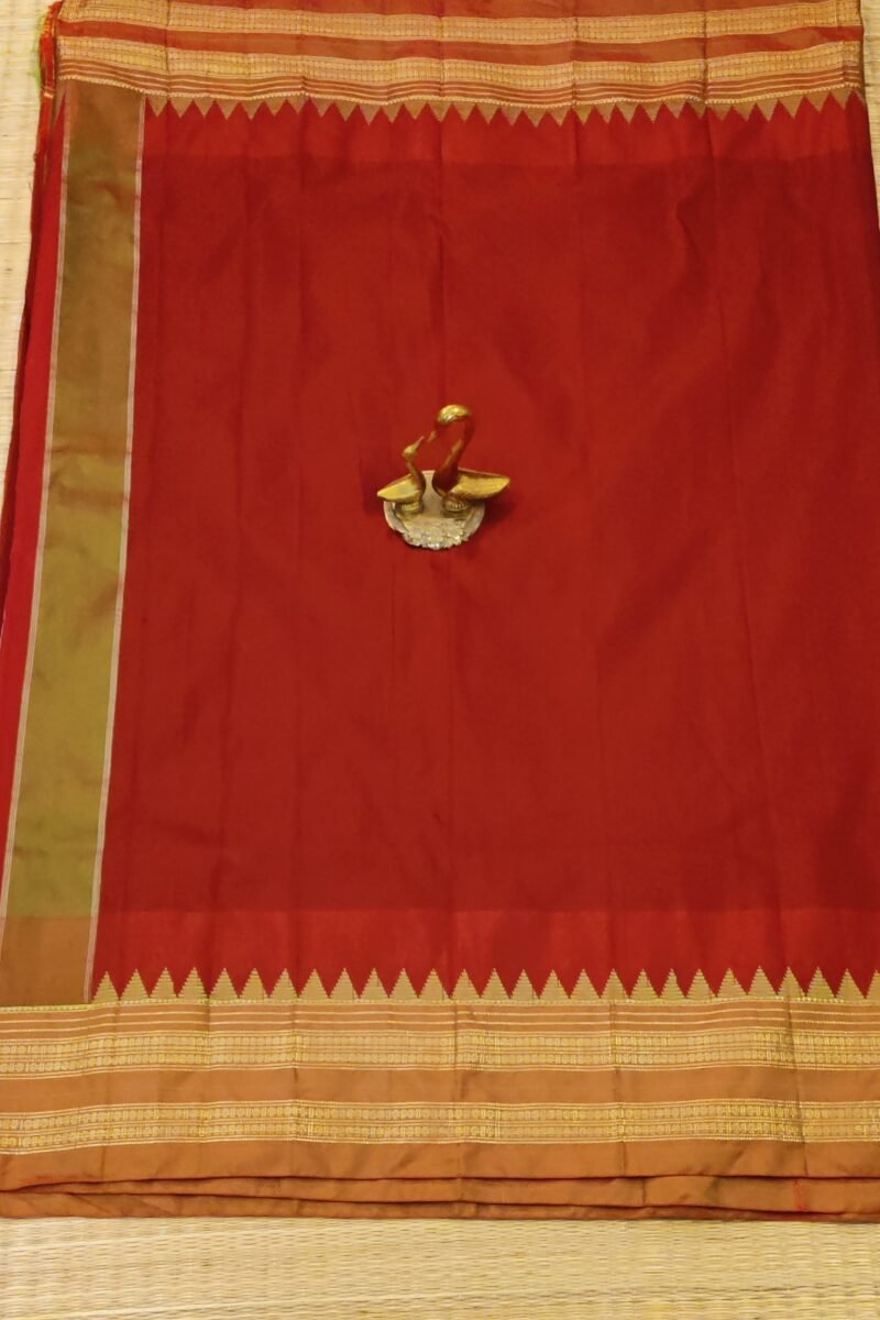 Ilkal Heritage - Red with Green Temple Border - Ilkal Poly Silk Saree - Image 2