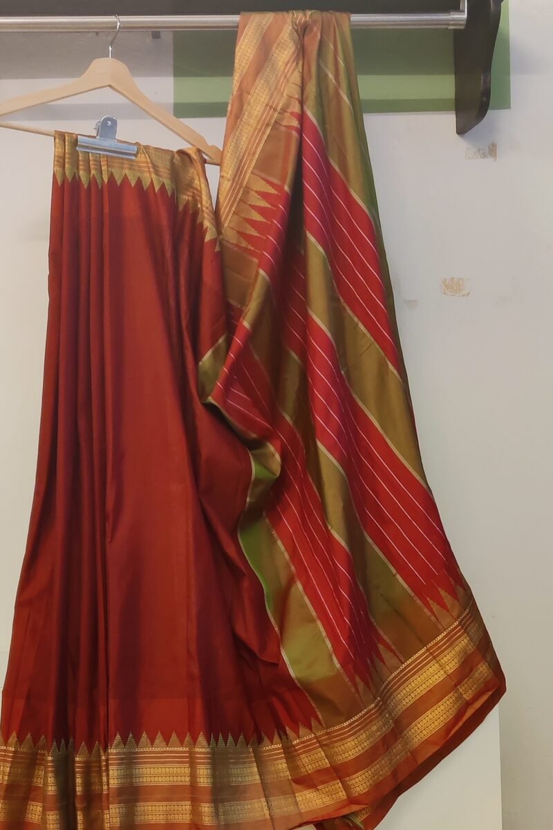 Ilkal Heritage - Red with Green Temple Border - Ilkal Poly Silk Saree - Image 3