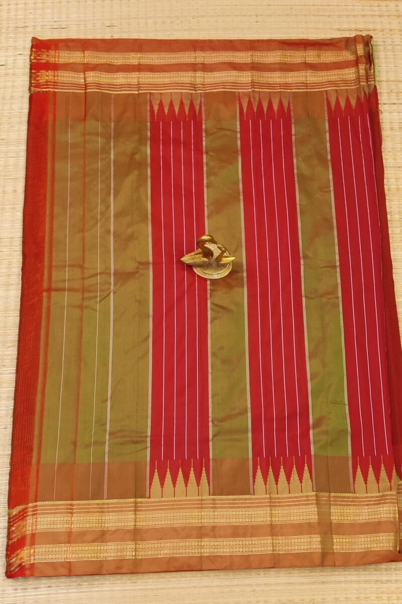 Ilkal Heritage - Red with Green Temple Border - Ilkal Poly Silk Saree - Image 4