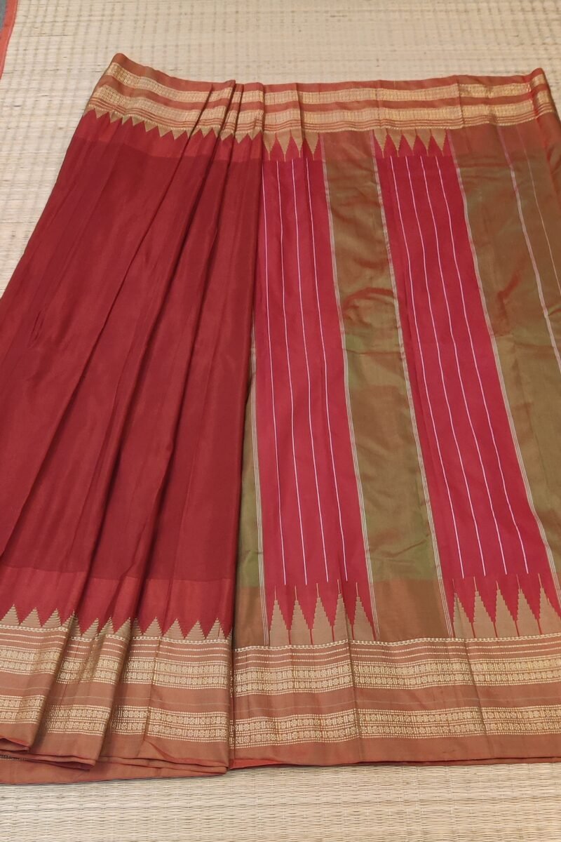 Ilkal Heritage - Red with Green Temple Border - Ilkal Poly Silk Saree - Image 5