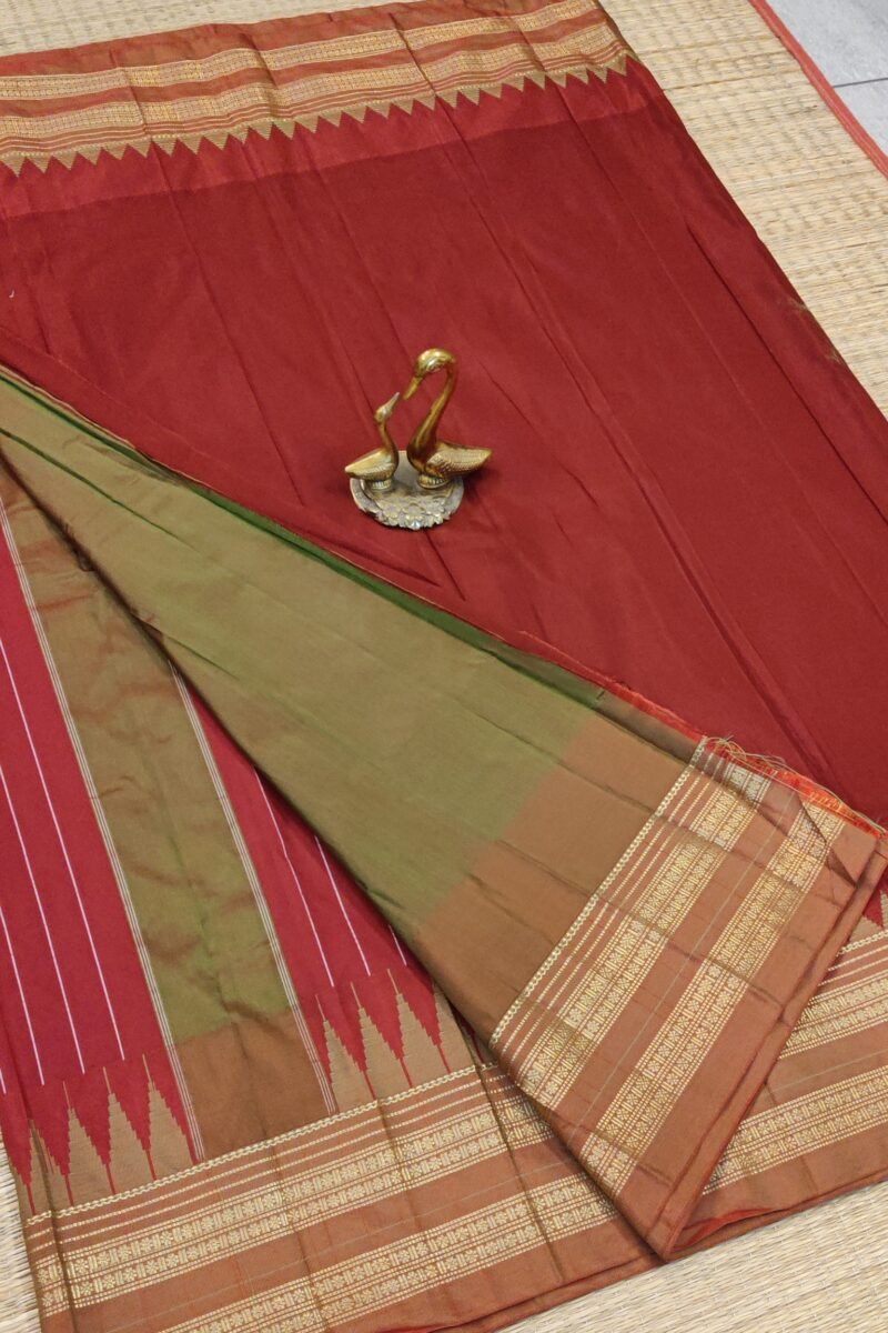 Ilkal Heritage - Red with Green Temple Border - Ilkal Poly Silk Saree - Image 7