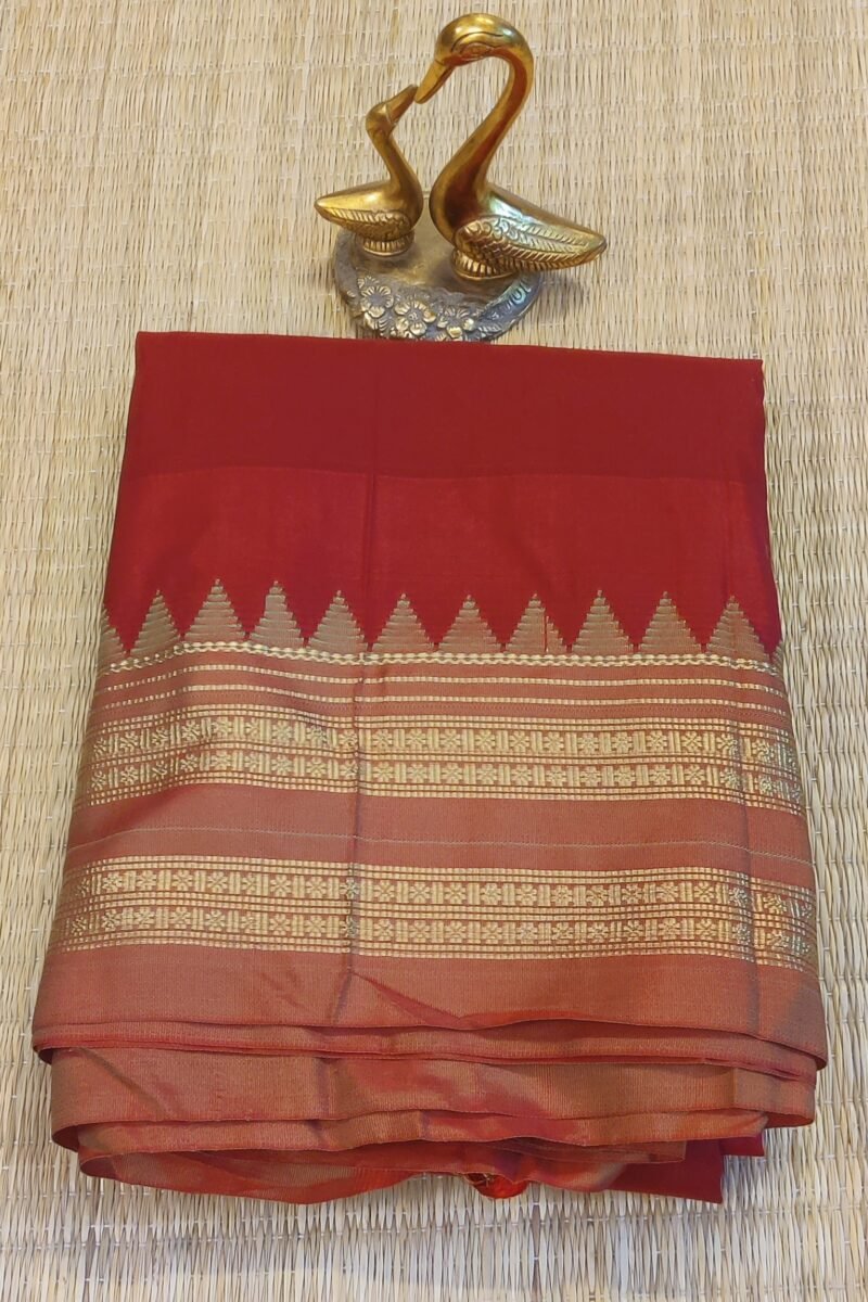 Ilkal Heritage - Red with Green Temple Border - Ilkal Poly Silk Saree