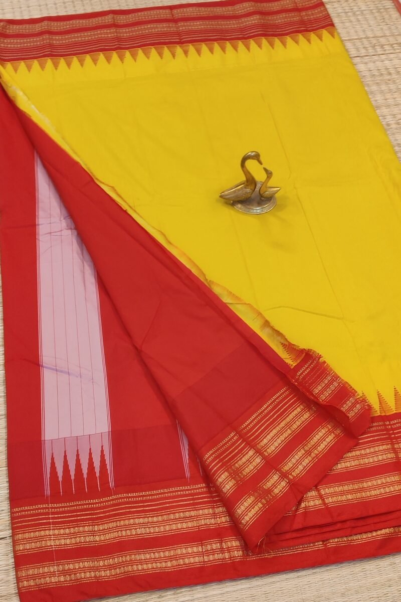 Ilkal Heritage - Turmeric Yellow with Red Temple Border - Ilkal Poly Silk Saree - Image 4