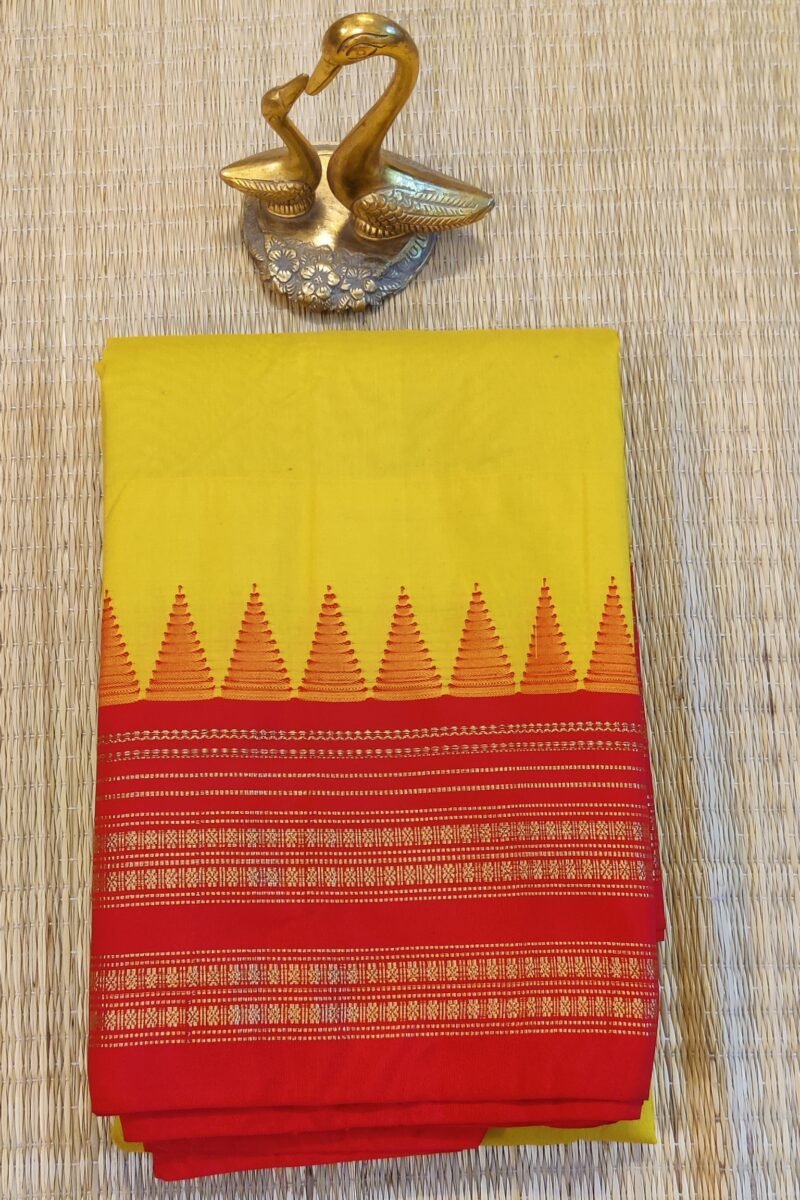 Ilkal Heritage - Turmeric Yellow with Red Temple Border - Ilkal Poly Silk Saree