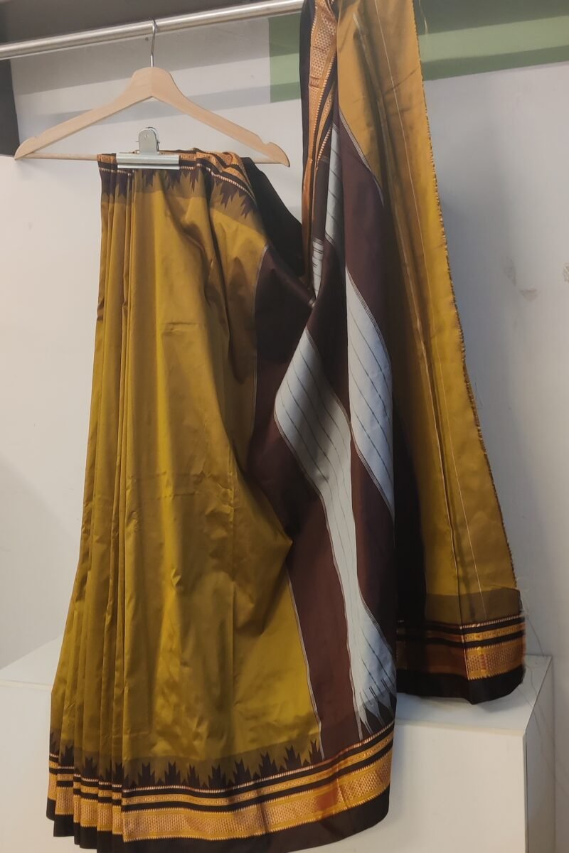Ilkal Heritage - Mustard Yellow with Dark Wine Temple Border - Ilkal Poly Silk Saree - Image 2