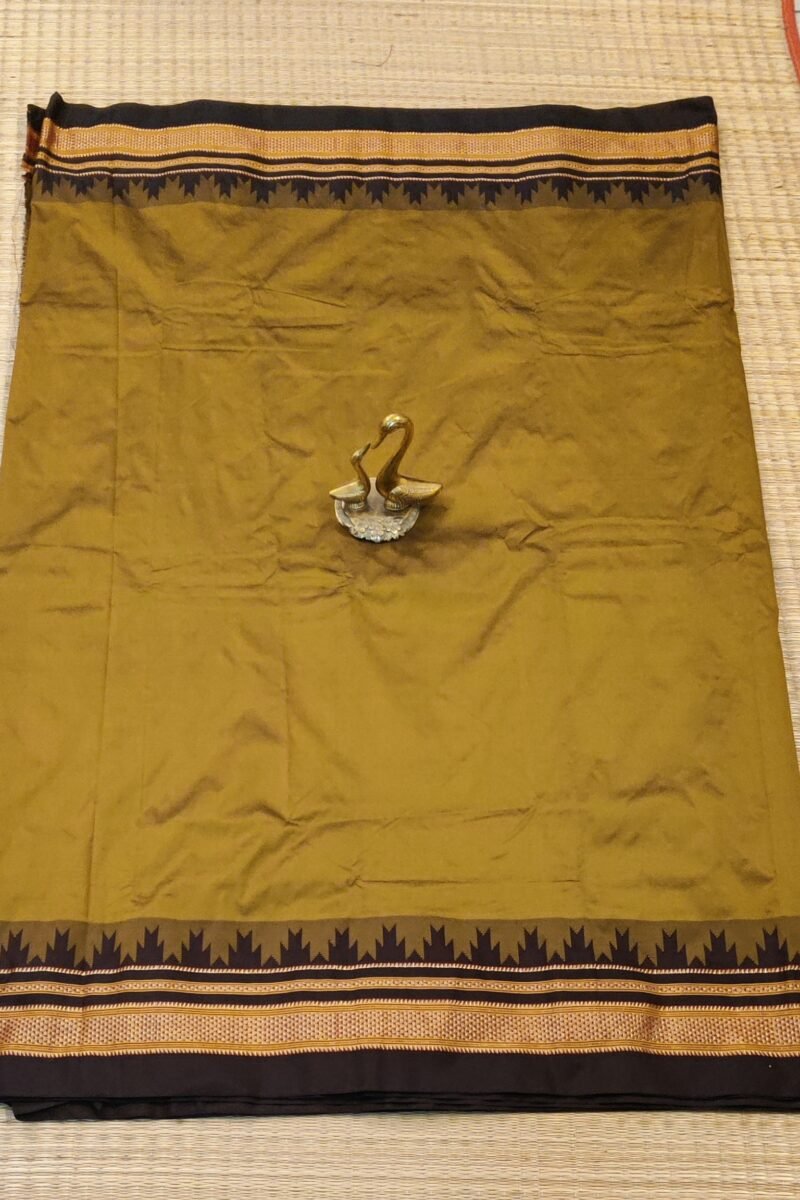 Ilkal Heritage - Mustard Yellow with Dark Wine Temple Border - Ilkal Poly Silk Saree - Image 3
