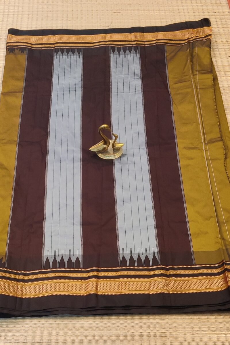 Ilkal Heritage - Mustard Yellow with Dark Wine Temple Border - Ilkal Poly Silk Saree - Image 4