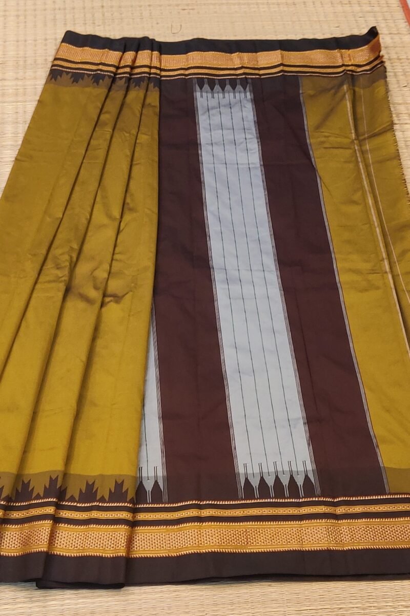 Ilkal Heritage - Mustard Yellow with Dark Wine Temple Border - Ilkal Poly Silk Saree - Image 5