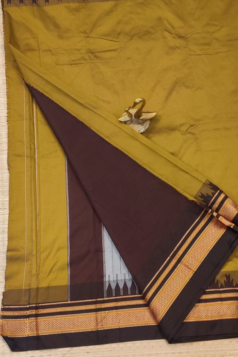 Ilkal Heritage - Mustard Yellow with Dark Wine Temple Border - Ilkal Poly Silk Saree - Image 7