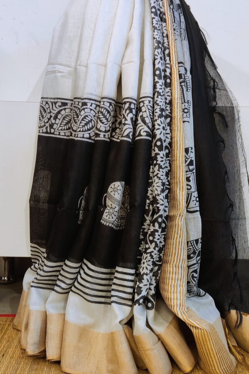 Jayshree Jiva - Off White and Black Cotton Silk Jayshree Staple Saree - Image 4