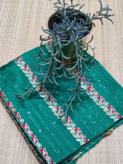 Rama Green Cotton Silk Unstitched Blouse Piece with Gold Floral Creepers, Self Thread Stripes and Sequins