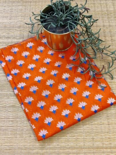 Bright Orange Cotton Silk Unstitched Blouse Piece with Silver and Blue Banarasi Floral Woven Motifs