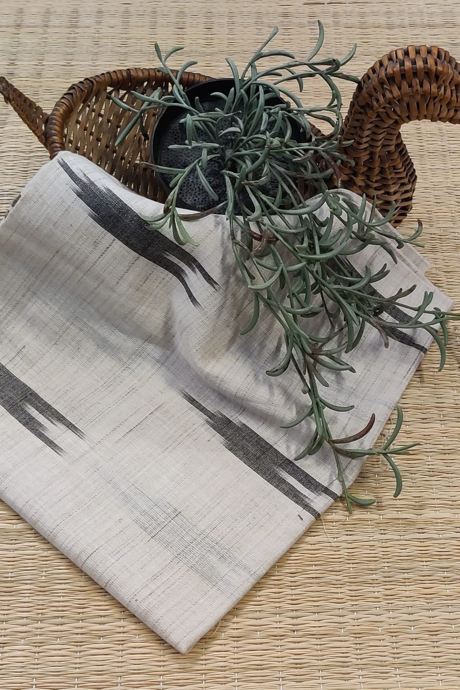 Off White with Grey Lines and Black Motif Ikkat Pure Cotton Blouse Piece