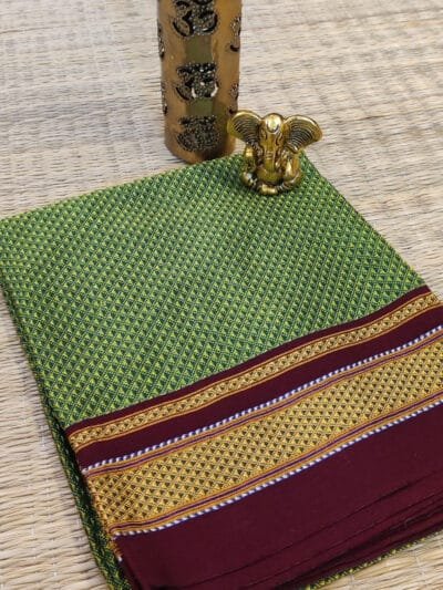 Light Green Khun Weave Ilkal Blouse Piece with Maroon Border and Golden Thread Lines