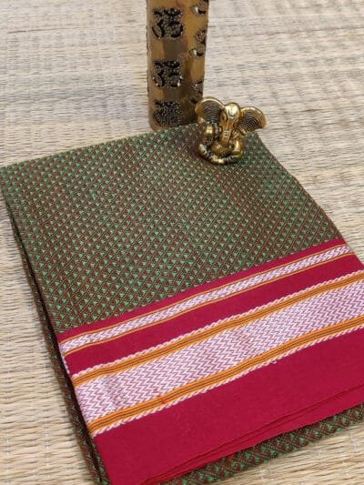 Green Khun Weave Ilkal Blouse Piece with Red Zigzag Border in Offwhite and Golden Thread