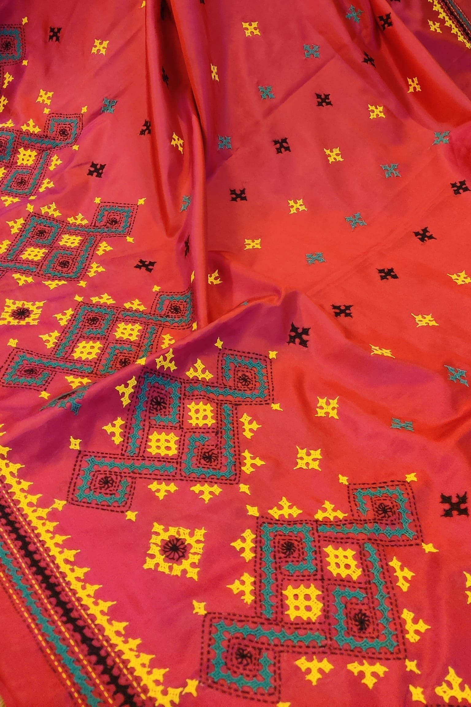 Timeless Embroidery Thread Timeless Threads – Pink and Yellow Semi Silk Kutch Embroidery Saree ...