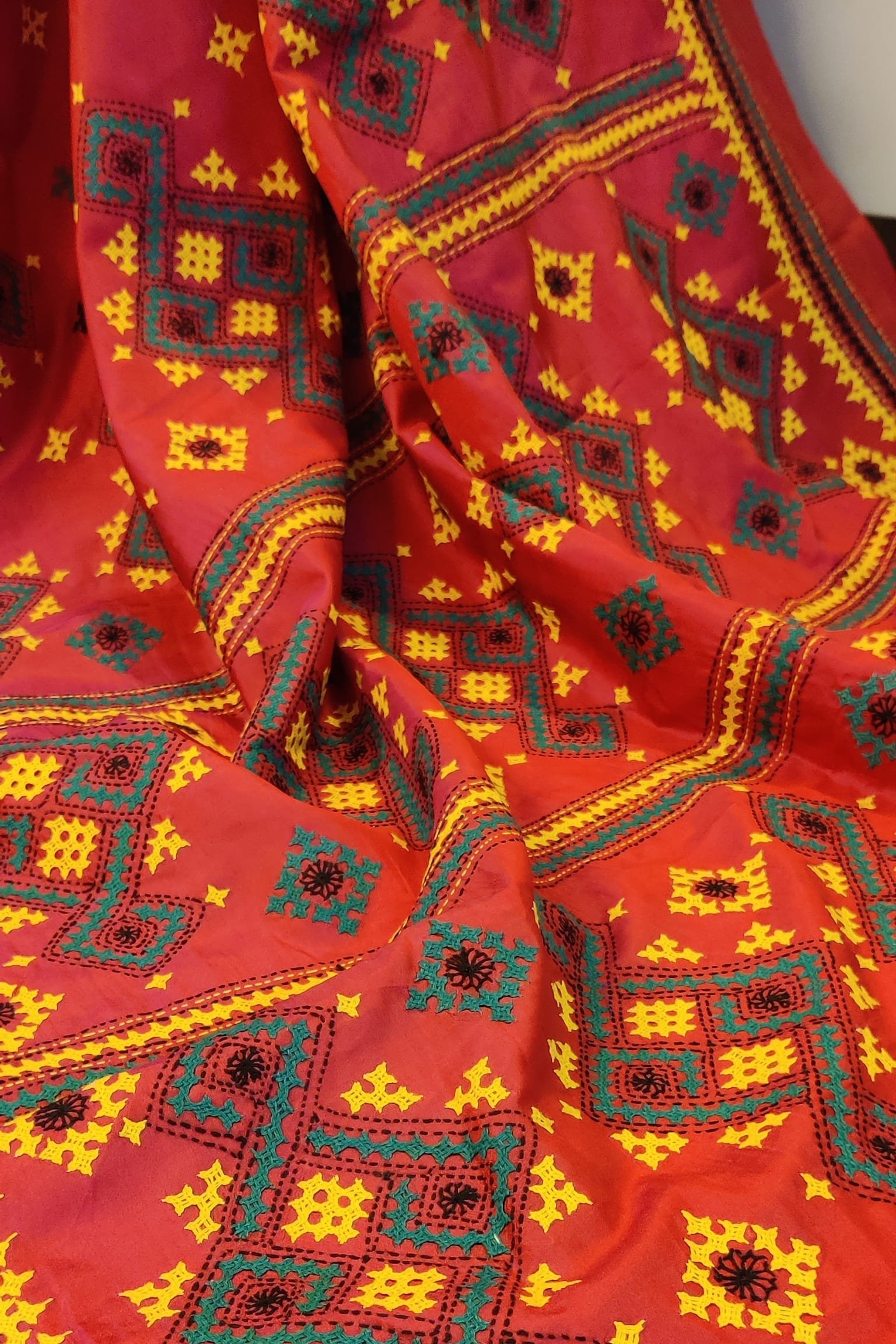 Timeless Embroidery Thread Timeless Threads – Pink and Yellow Semi Silk Kutch Embroidery Saree ...