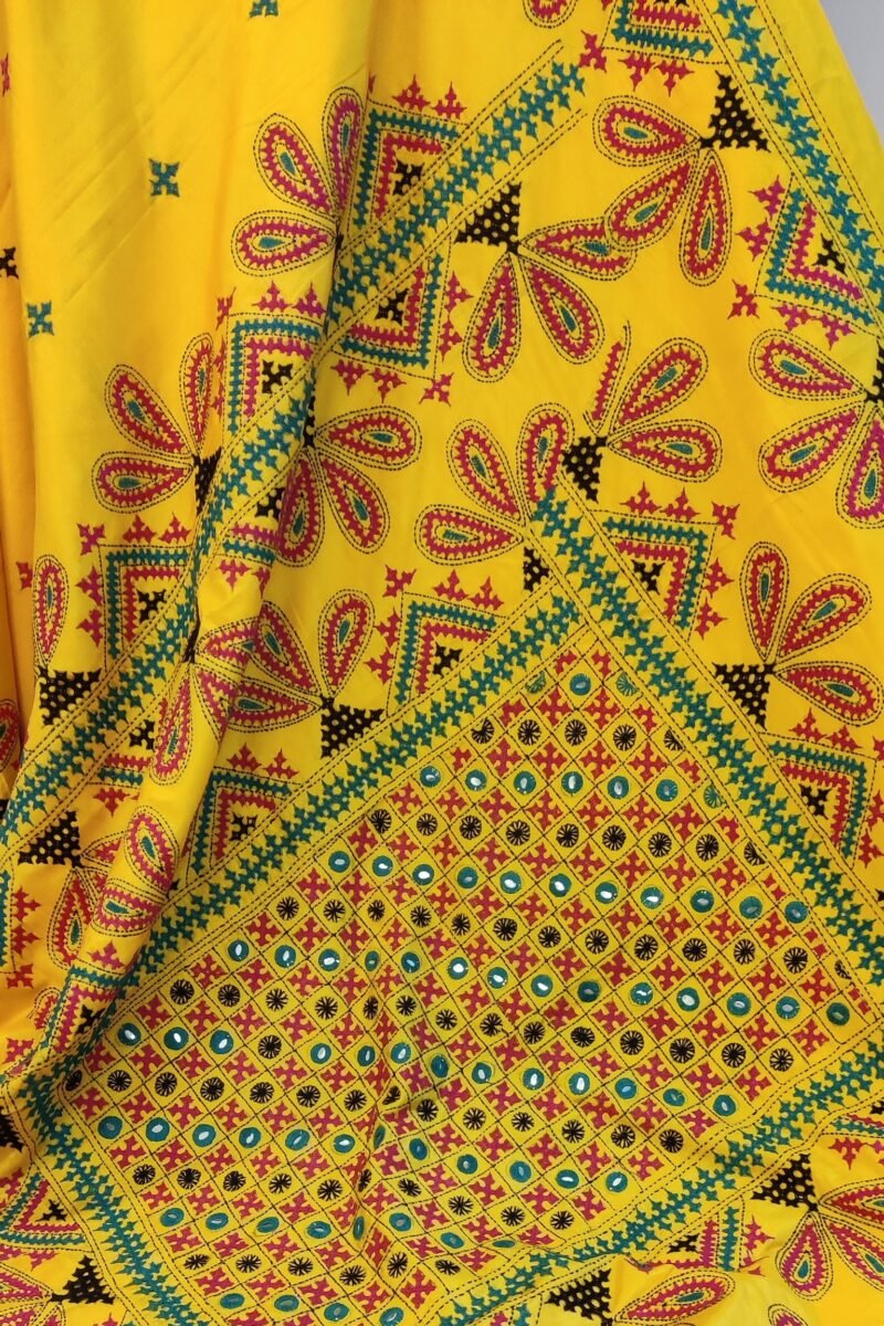 Timeless Threads - Yellow and Pink Semi Silk Kutch Embroidery Saree - Image 2