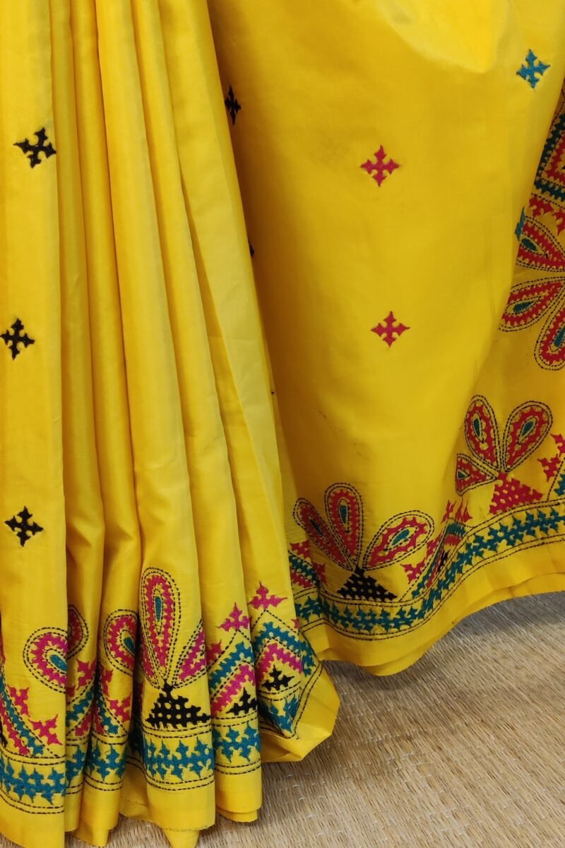 Timeless Threads - Yellow and Pink Semi Silk Kutch Embroidery Saree - Image 3