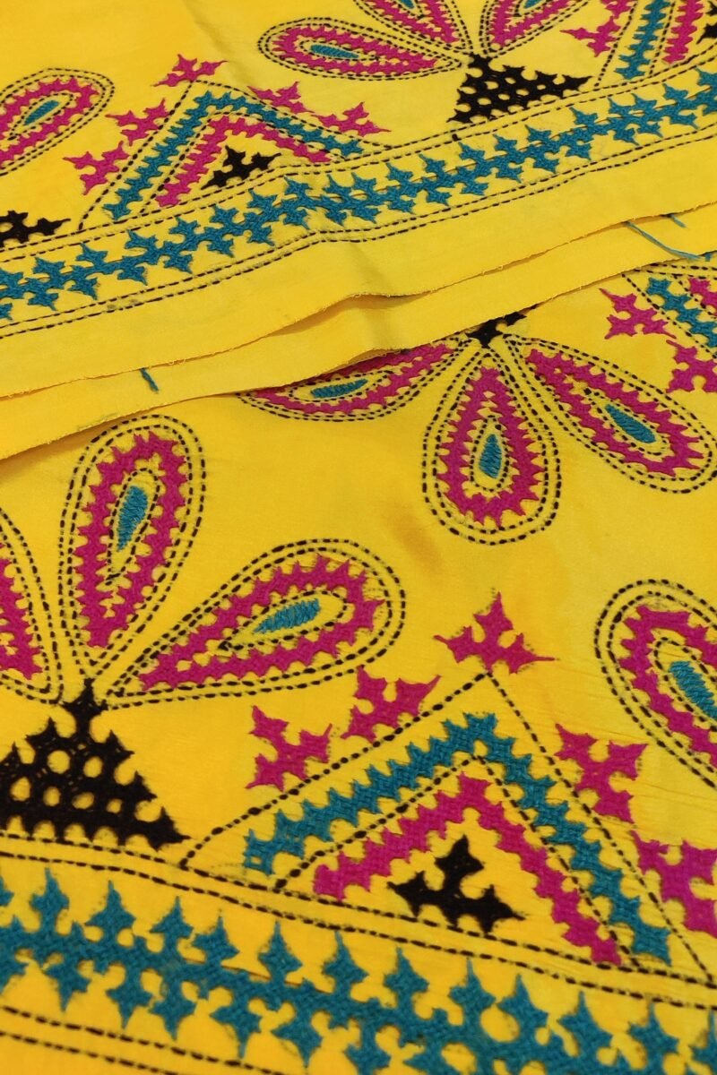 Timeless Threads - Yellow and Pink Semi Silk Kutch Embroidery Saree - Image 4