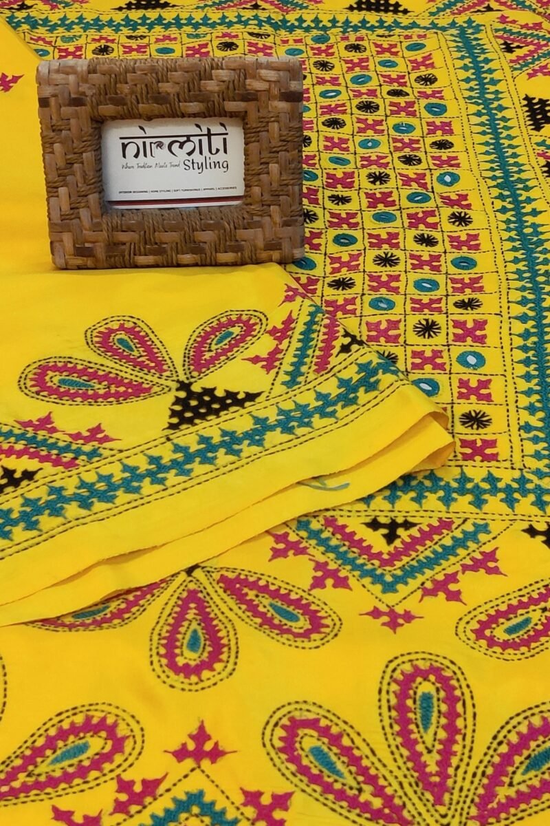 Timeless Threads - Yellow and Pink Semi Silk Kutch Embroidery Saree - Image 6