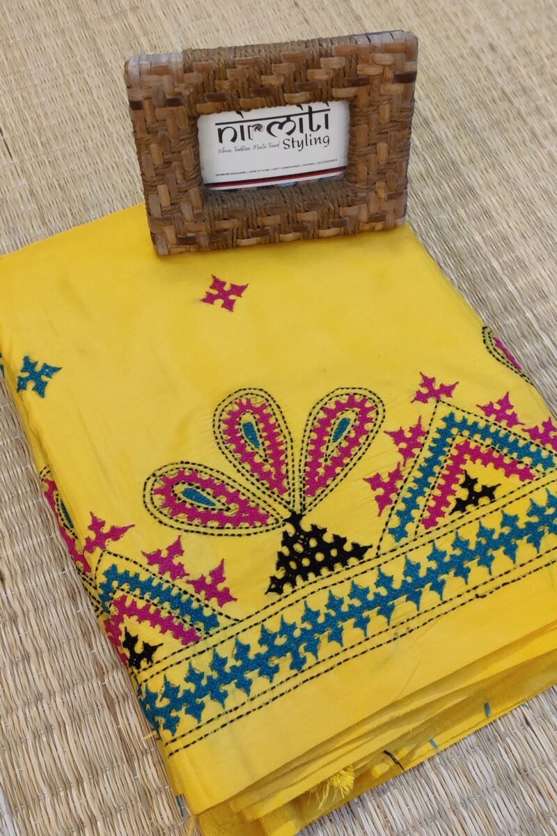 Timeless Threads - Yellow and Pink Semi Silk Kutch Embroidery Saree
