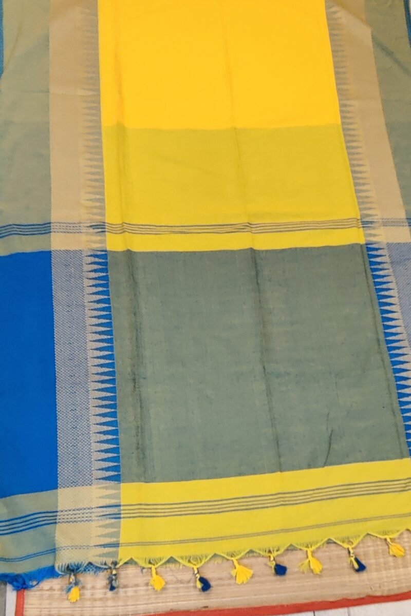 Majestic Khadi: Lemon Yellow and Sky Blue Khadi Cotton Temple Border Saree - Image 4