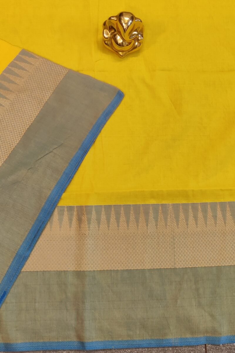 Majestic Khadi: Lemon Yellow and Sky Blue Khadi Cotton Temple Border Saree - Image 6