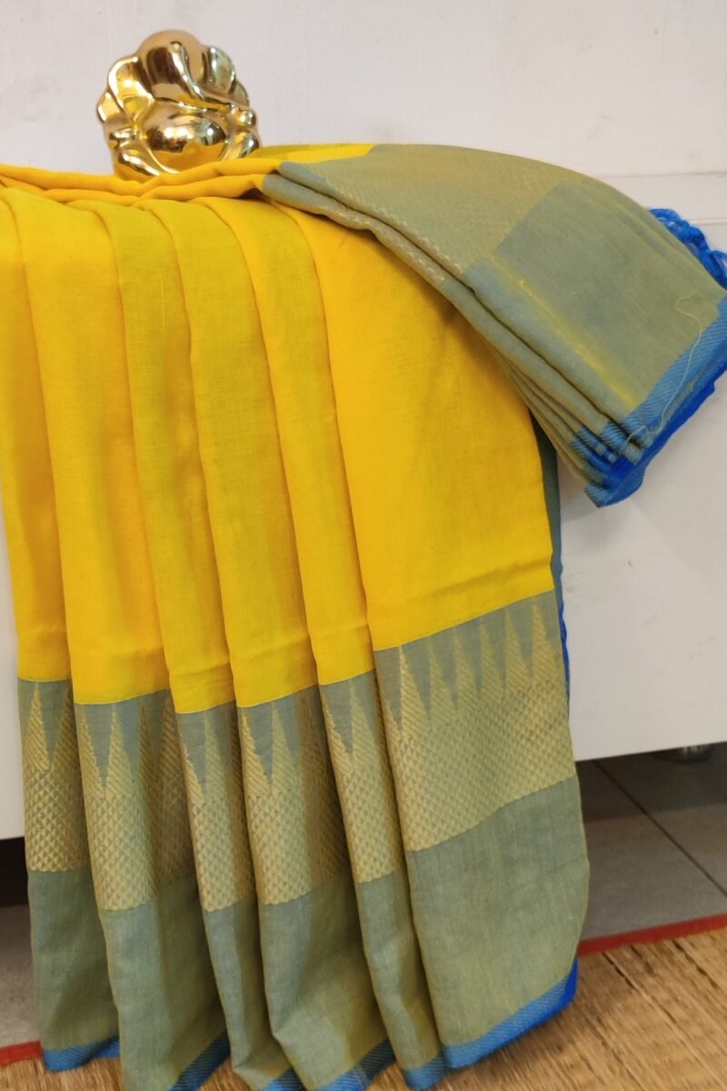 Majestic Khadi: Lemon Yellow and Sky Blue Khadi Cotton Temple Border Saree