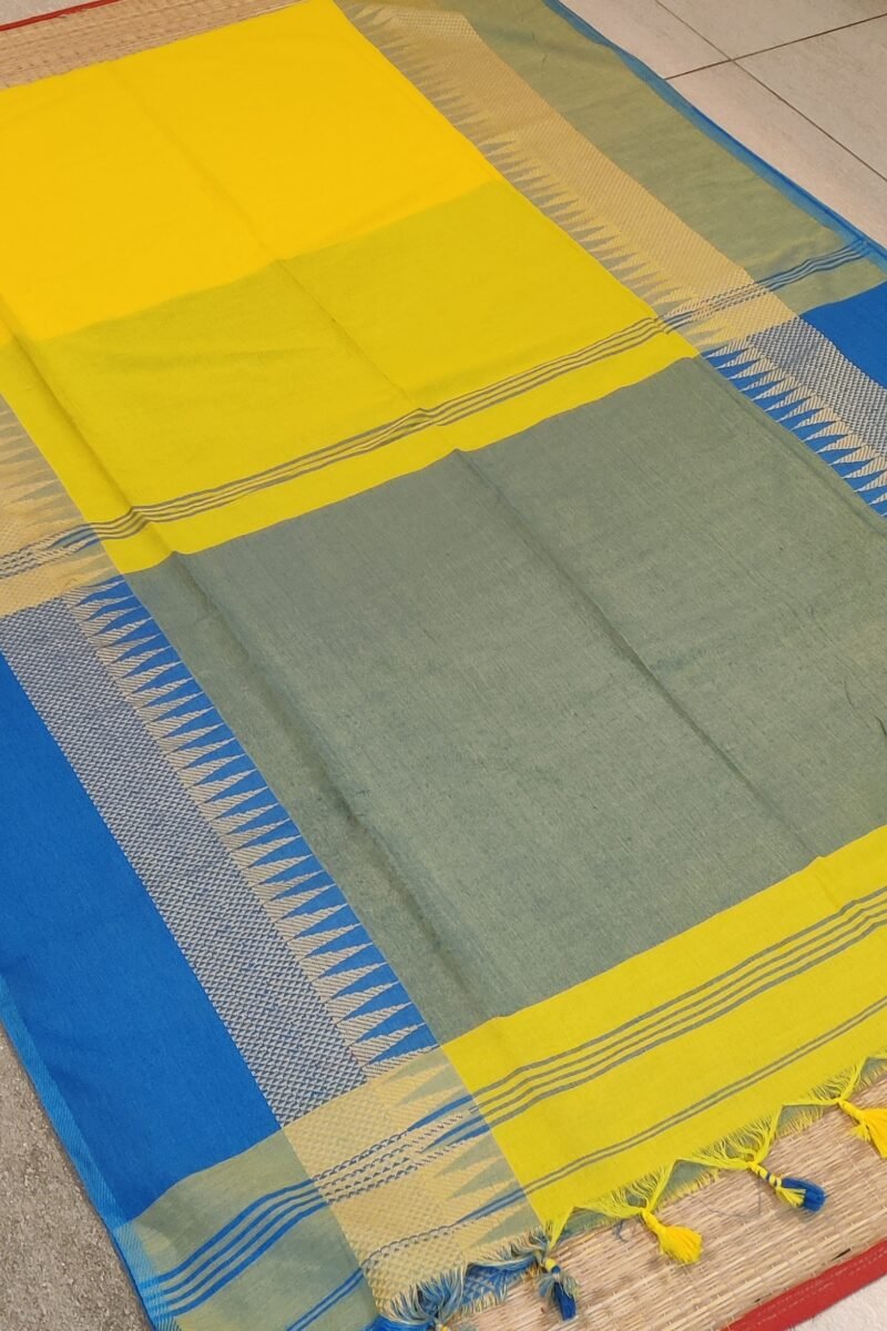 Majestic Khadi: Lemon Yellow and Sky Blue Khadi Cotton Temple Border Saree - Image 9