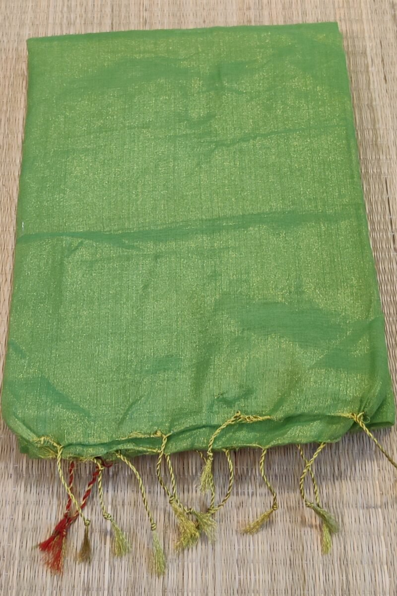 Majestic Khadi: Parrot Green and Brown Plain Khadi Tissue Linen Saree - Image 2