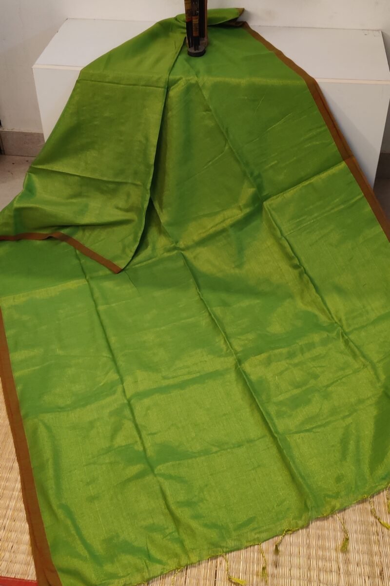 Majestic Khadi: Parrot Green and Brown Plain Khadi Tissue Linen Saree - Image 3