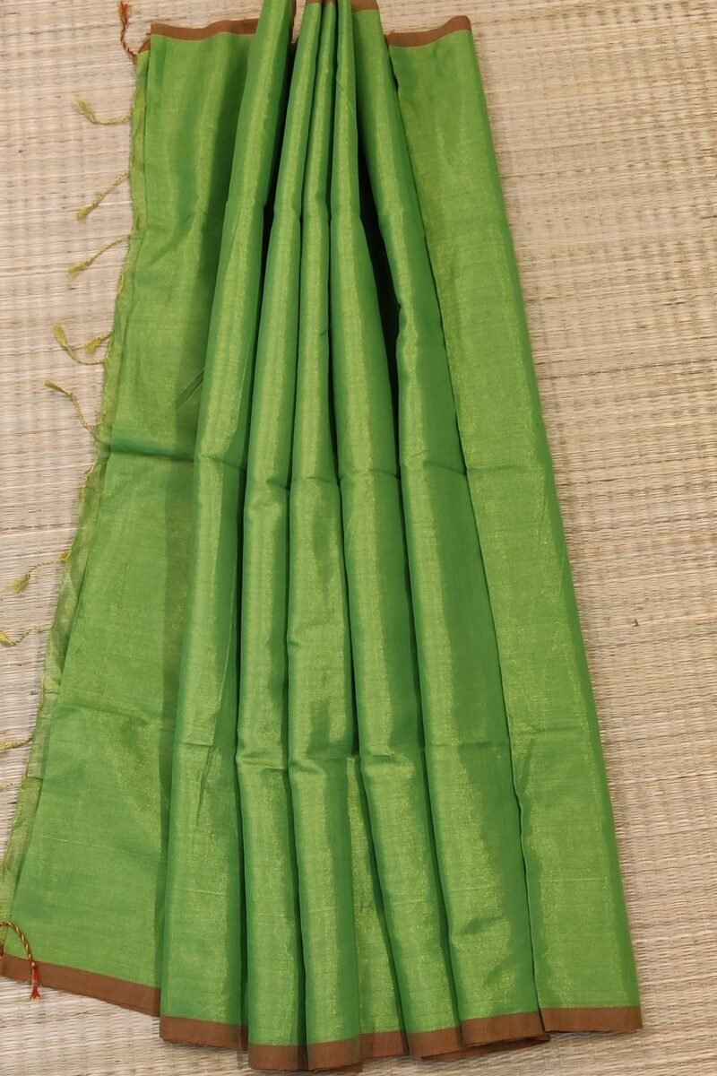 Majestic Khadi: Parrot Green and Brown Plain Khadi Tissue Linen Saree - Image 4