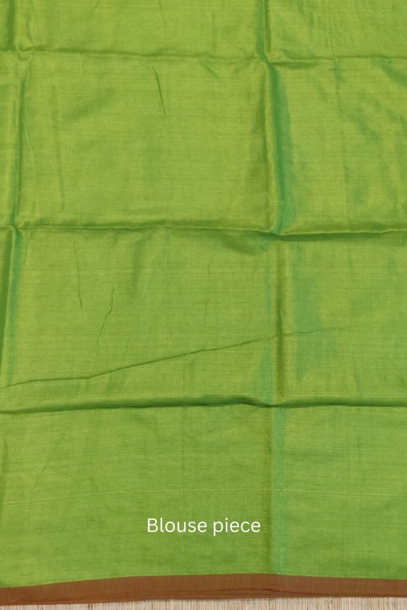 Majestic Khadi: Parrot Green and Brown Plain Khadi Tissue Linen Saree - Image 5