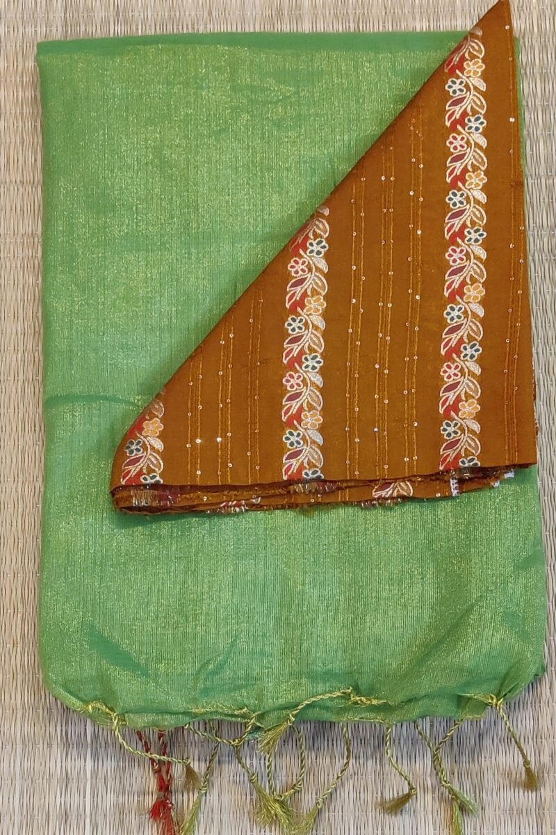 Majestic Khadi: Parrot Green and Brown Plain Khadi Tissue Linen Saree