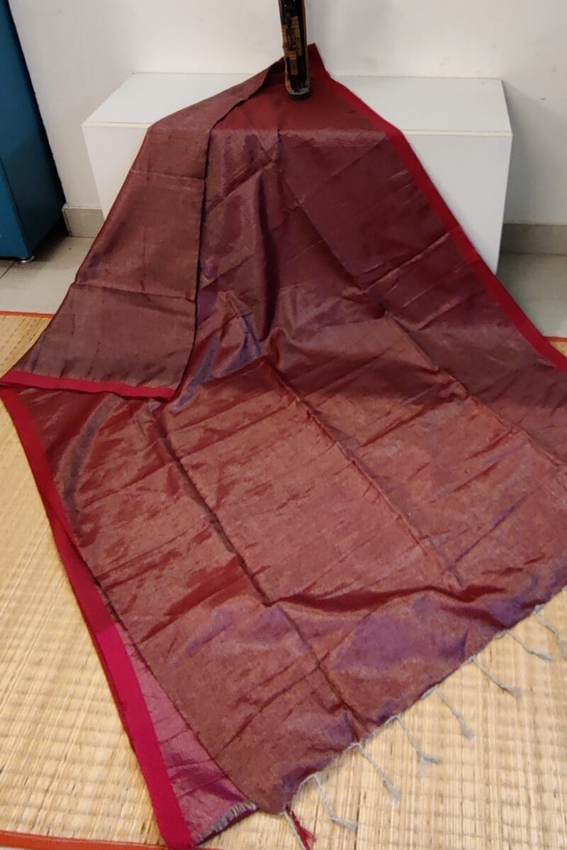 Majestic Khadi: Dull Pink and Silver Plain Khadi Tissue Linen Saree - Image 3