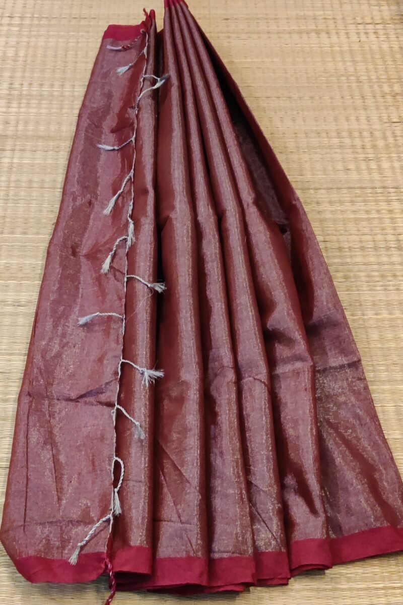 Majestic Khadi: Dull Pink and Silver Plain Khadi Tissue Linen Saree - Image 4