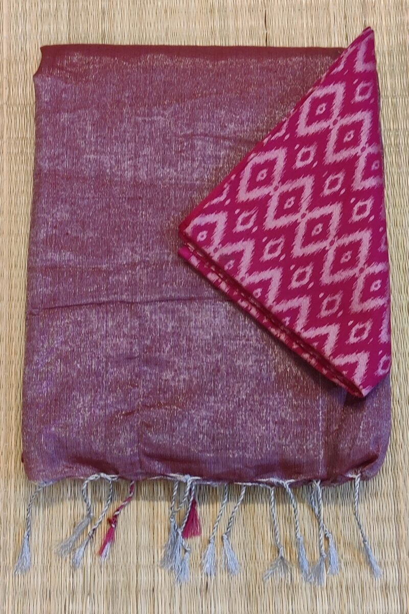 Majestic Khadi: Dull Pink and Silver Plain Khadi Tissue Linen Saree
