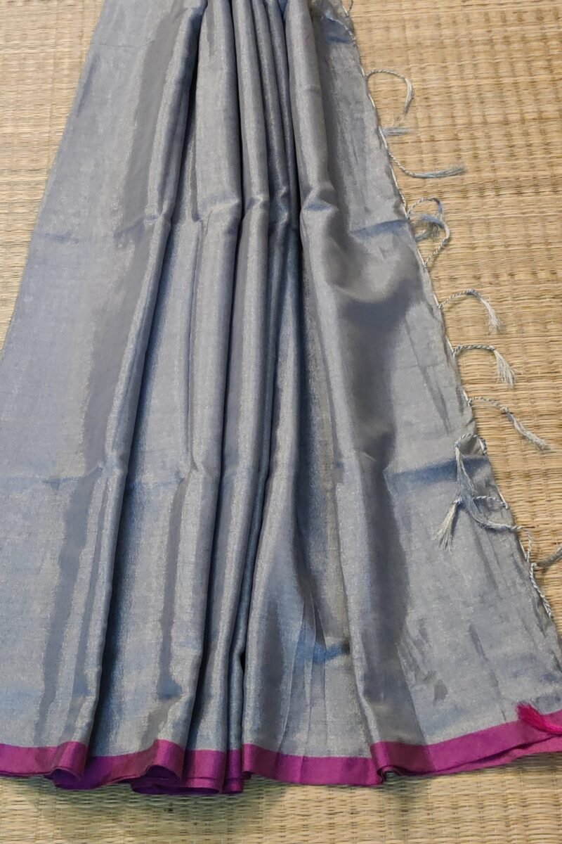 Majestic Khadi: Grey Plain Khadi Tissue Linen Saree - Image 3